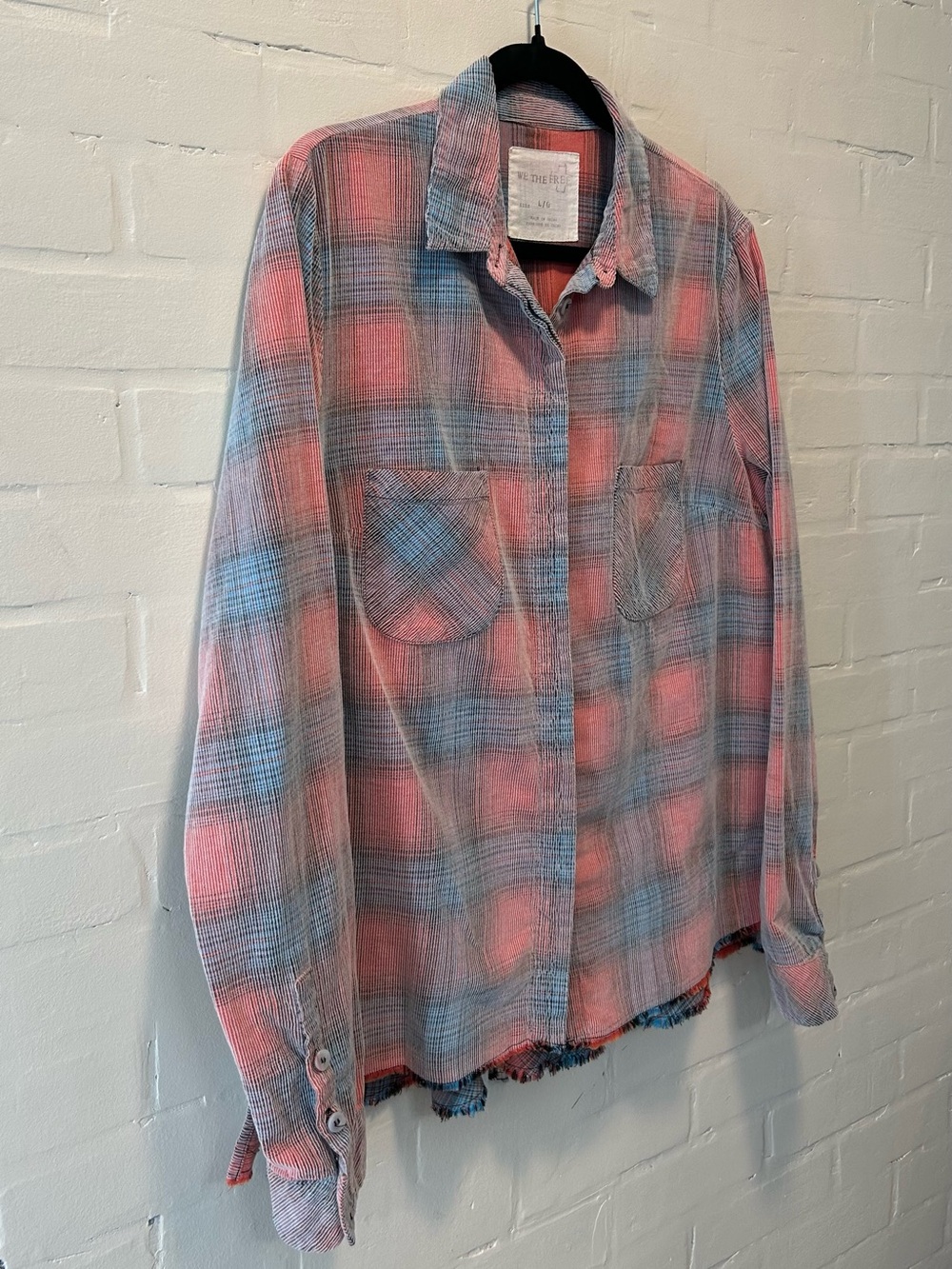 Free People We The Free Plaid Corduroy Button Up Shirt Raw Hem Size L Indie Boho - Picture 4 of 9
